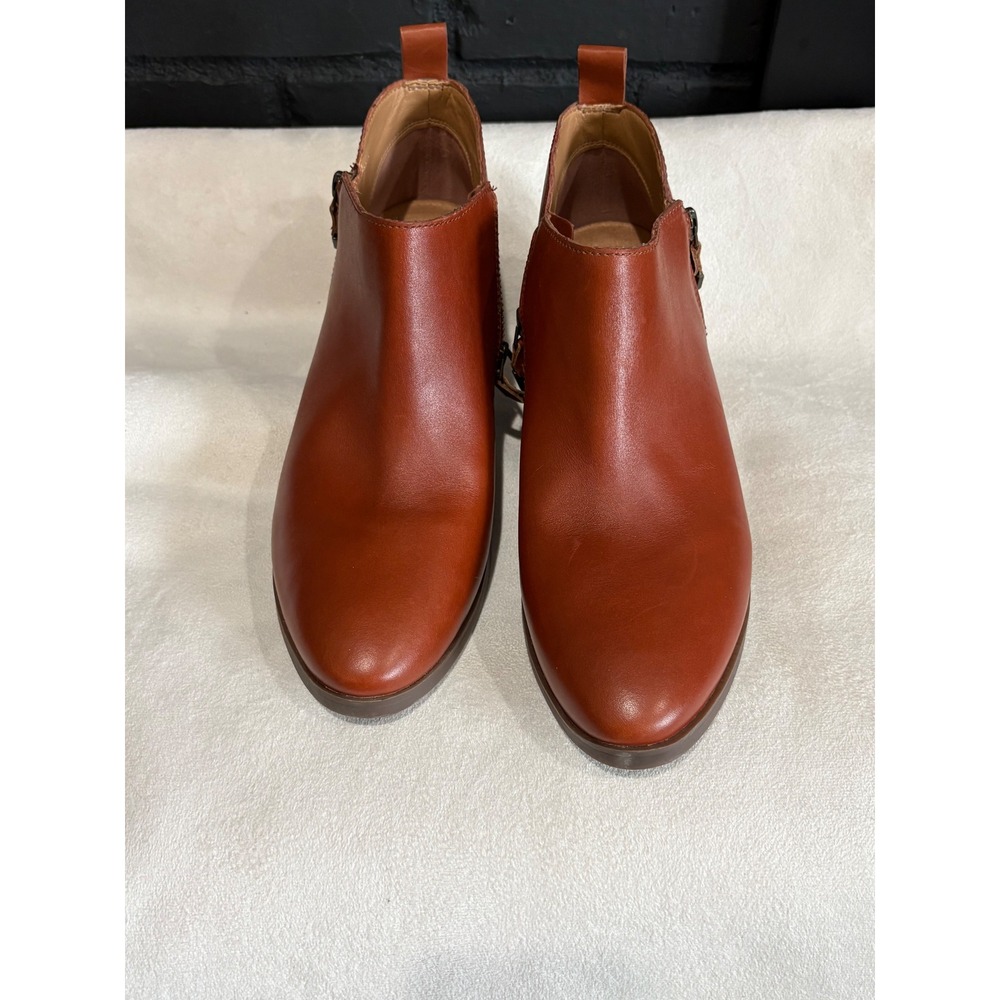 Vionic Cecily Cognac Brown Leather Ankle Boots Side Zip Block Heel Womens 9